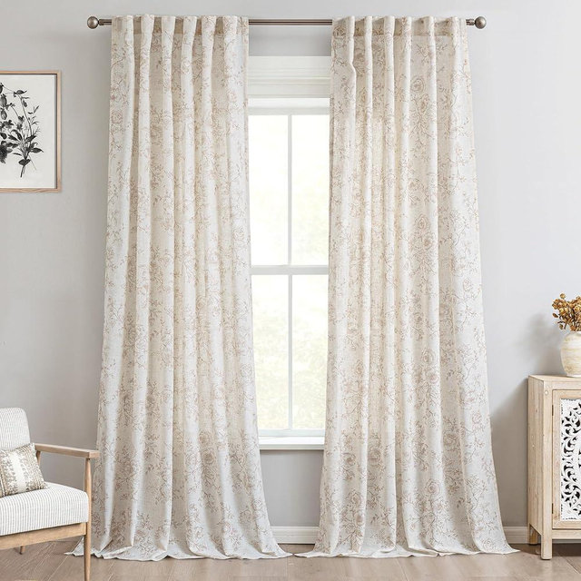 Brown Floral Curtains 108 inch Length Back Tab Farmhouser Living Room Light Filtering Curtains Brown Pattern Print on Cream White Linen Curtain Minimalist Aesthetic Sketch Style Vintage Room Decor
