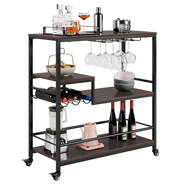 HITHOS Bar Cart with Wine Rack and Glass Holders, 4-Tier Kitchen Bakers Rack on Wheels, Industrial Coffee Bar, Wood Storage Trolley for Living Room, Cherry