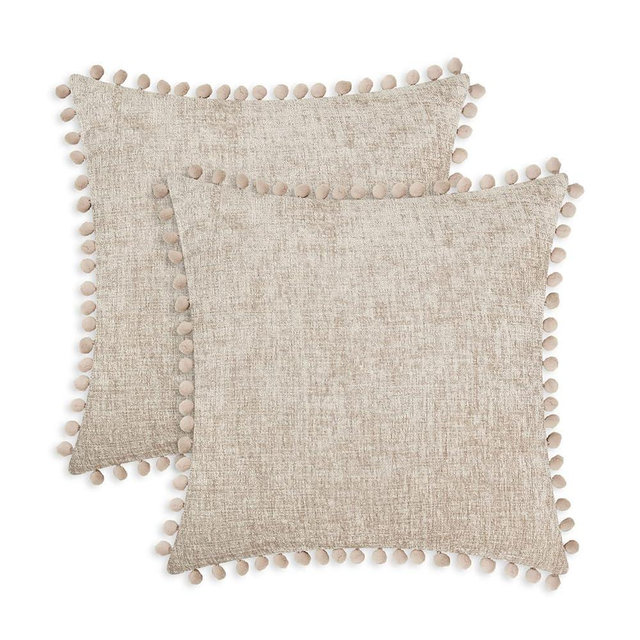 CaliTime Throw Pillow Covers Decorative 18 X 18 Inches Pack of 2 Cozy Solid Dyed Soft Chenille Cushion Cases with Pom Poms for Couch Sofa Bed Living Room Home Taupe