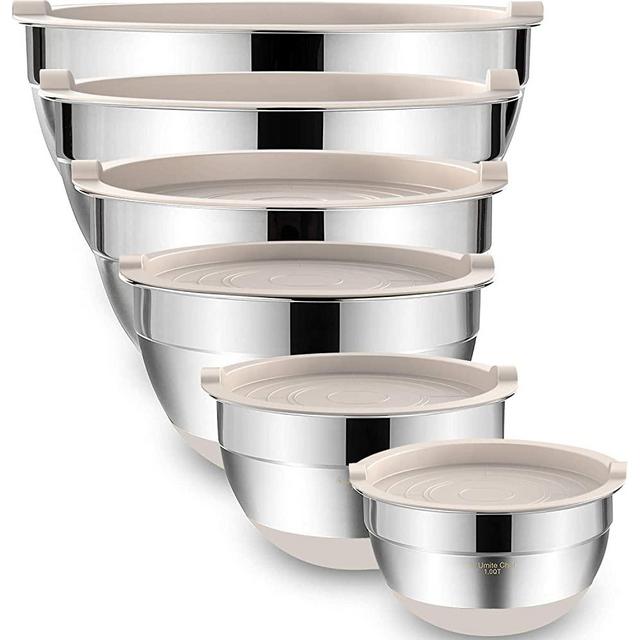 Mixing Bowls with Airtight Lids，6 piece Stainless Steel Metal Nesting Storage Bowls by Umite Chef, Non-Slip Bottoms Size 7, 3.5, 2.5, 2.0,1.5, 1QT, Great for Mixing & Serving (Khaki）