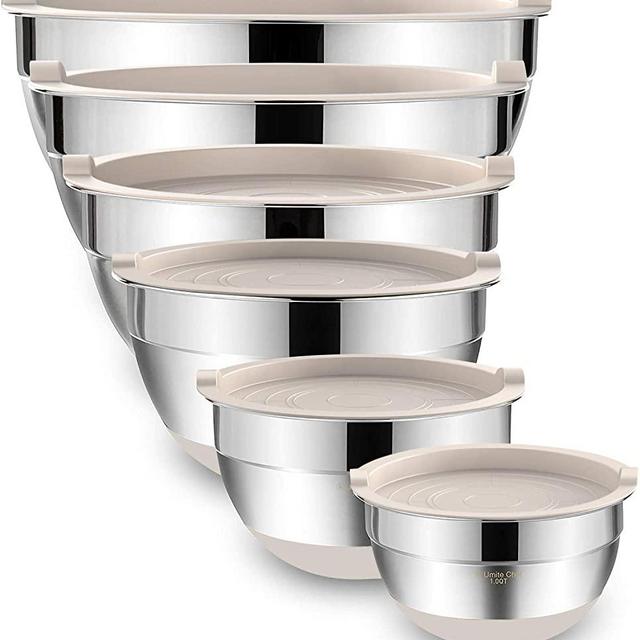 Mixing Bowls with Airtight Lids，6 piece Stainless Steel Metal Nesting Storage Bowls by Umite Chef, Non-Slip Bottoms Size 7, 3.5, 2.5, 2.0,1.5, 1QT, Great for Mixing & Serving (Khaki）