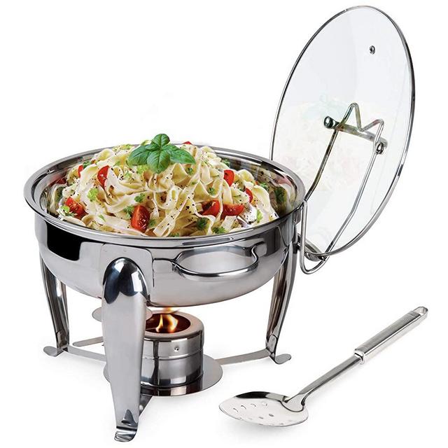 6 Quart Round Stainless Steel Chafing Dish with Bonus Slotted Spoon and Drip Tray for Lid | Keeps linens dry | For wedding, graduation, events, parties | Sterno holder