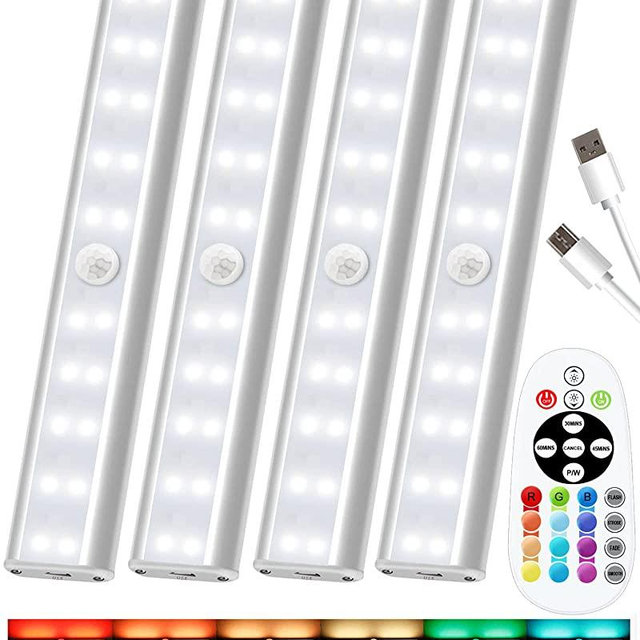 SZOKLED Under Cabinet Lights Rechargeable, Wireless 48LED Lighting Remote Control, Dimmable Kitchen Counter Lighting Closet Light, RGB 15 Color Changing, 4 Pack