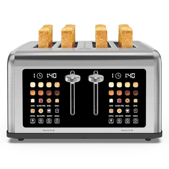 4 Slice Toaster Touch Screen, Stainless Steel Toasters Digital Timer, Dual Control Panel Toasters, 8 Shade Settings 6 Bread Types for Bagel, Cancel, Defrost 1650W