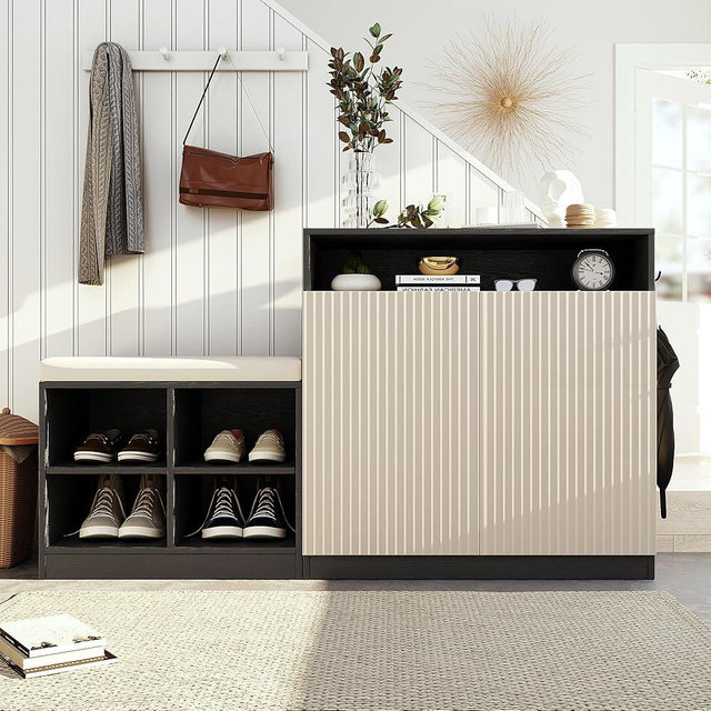 Entryway Storage Bench with Shoe Cabinet Console Table with 2 Wavy Slatted Doors, 3Tier Adjustable Shelves 4 Open Shoe Racks, Removable Padded Cushion for Comfortable Seating, Living Room, Hallway