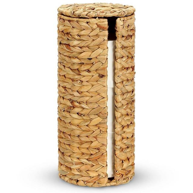Graciadeco Stand Toilet Paper Storage with Lid Spare Extra 3 Rolls of Toilet Tissue Holder Free Standing Water Hyacinth Wciker Toilet Paper Organizer Basket for Bathroom