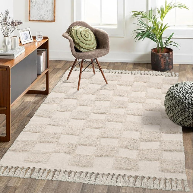 Lanffia Boho Living Room Rug 4' x 6'，Washable Tufted Checkerboard Rug, Woven Beige Bedroom Rug with Tassels, Farmhouse Indoor Floor Carpet for Entryway Kitchen Porch Dorm