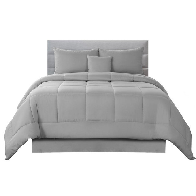 Queen Comforter Set 5Pc Down Alternative Ultra Soft Solid Comforters with Shams, Decorative Pillow & Bed Skirt - Grey