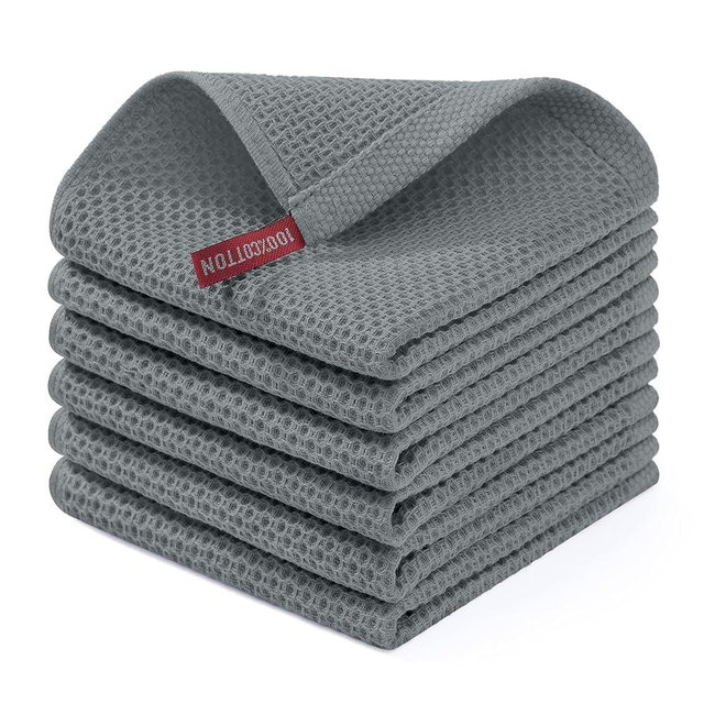 Homaxy 100% Cotton Waffle Weave Kitchen Dish Cloths, Ultra Soft Absorbent Quick Drying Dish Towels, 12 x 12 Inches, 6-Pack, Grey