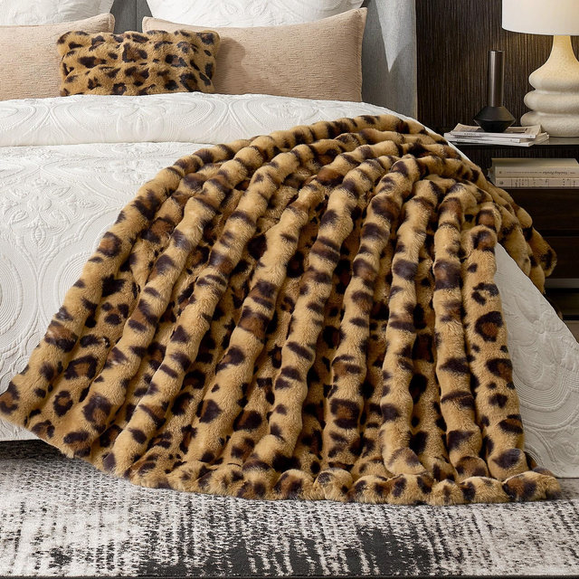 Animal Print Bubble Faux Fur Throw Blanket Plush Reversible Blankets for Couch or Bed, 50*60" Brown Leopard Pattern - Cozy Bliss