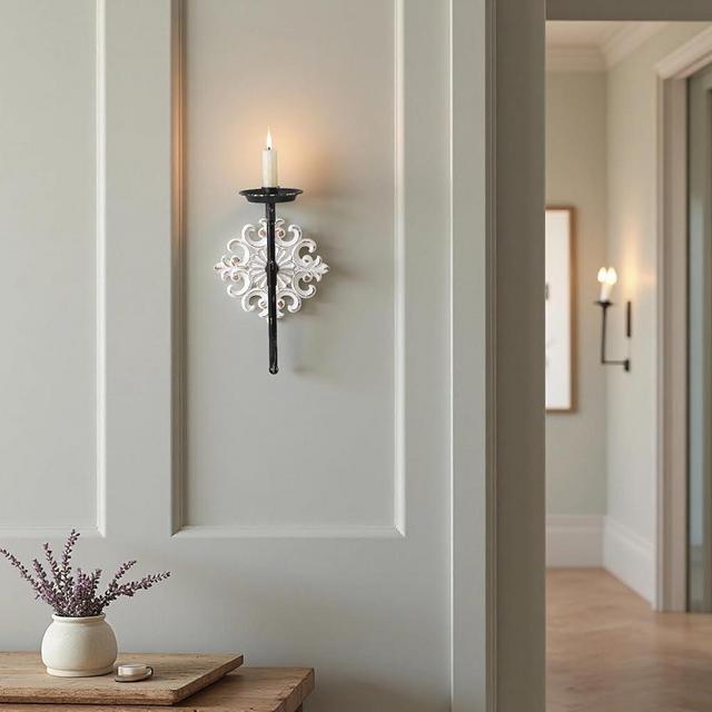 SOFE Farmhouse Tapered Candlestick Holders Wall Mounted, White Wall Candle Sconces Wooden 12 Inches Tall, Vintage Long Wall Sconce, Decor for Dining Room, Bathroom, Hallway, Floral Design