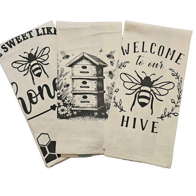 Beekeeping Themed Kitchen Towels, Set of 3, (Hive and Honey)
