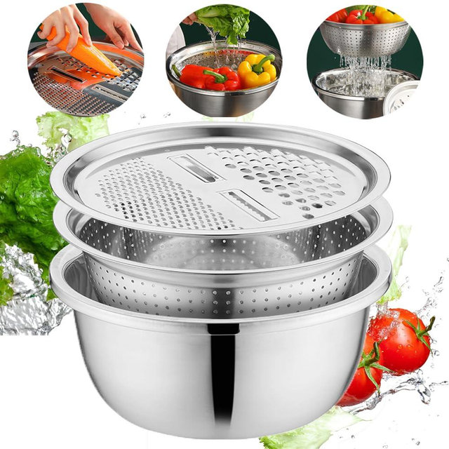 Germany Multifunctional Stainless Steel Basin, Multifunction Stainless Steel Basin with Grater 3 in 1 Vegetable Cutter for Kitchen, Vegetable Slicer Grater Strainer and Drain Basket (11 inch)