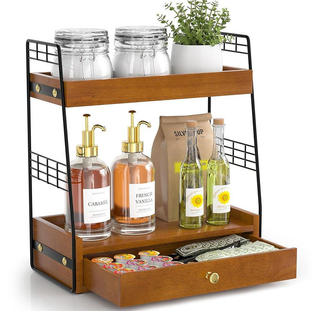 JNFUZ Coffee Bar Station Organizer with Built-In Drawer, 2-Tier Countertop Shelf for Tea Bags, Coffee Accessories, Syrup Bottles (Walnut)