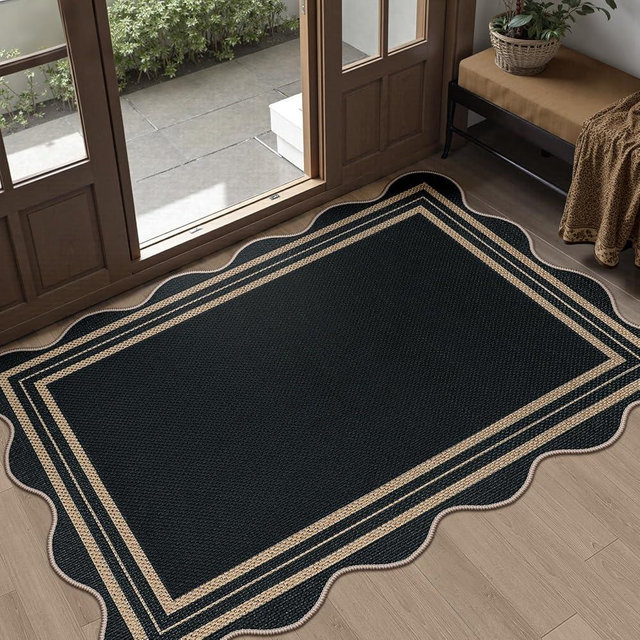 LORWER Easy Jute Black Front Door Mat, 2.6x4 Washable Entryway Rug Non Slip Small Kitchen Rug, Farmhouse Low Pile Floor Scalloped Rugs for Bathroom Porch Doorway