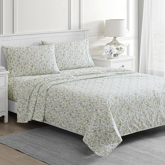 Martha Stewart Rachel Jacobean Floral 300TC 100% Cotton Percale Sheet Set, Green/Purple, 4 Piece - 1 Flat Sheet, 1 Fitted Sheet, 2 Std Pillowcases, Breathable Cotton Printed Bed Sheets, Queen Size