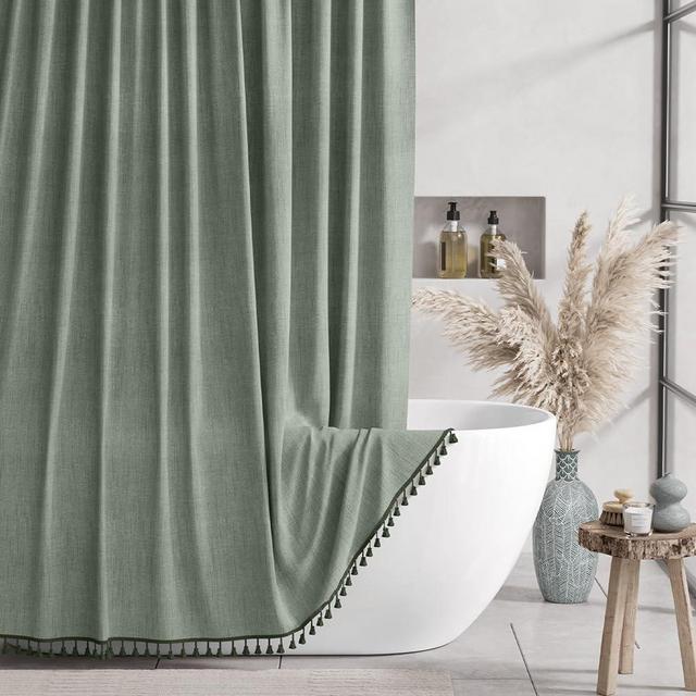 AmazerBath Farmhouse Shower Curtain, Sage Green Linen Shower Curtain with Hunter Green Tassel Fabric Shower Curtain Set with 12 Plastic Hooks for Neutral Country Bathroom, 72"x72"