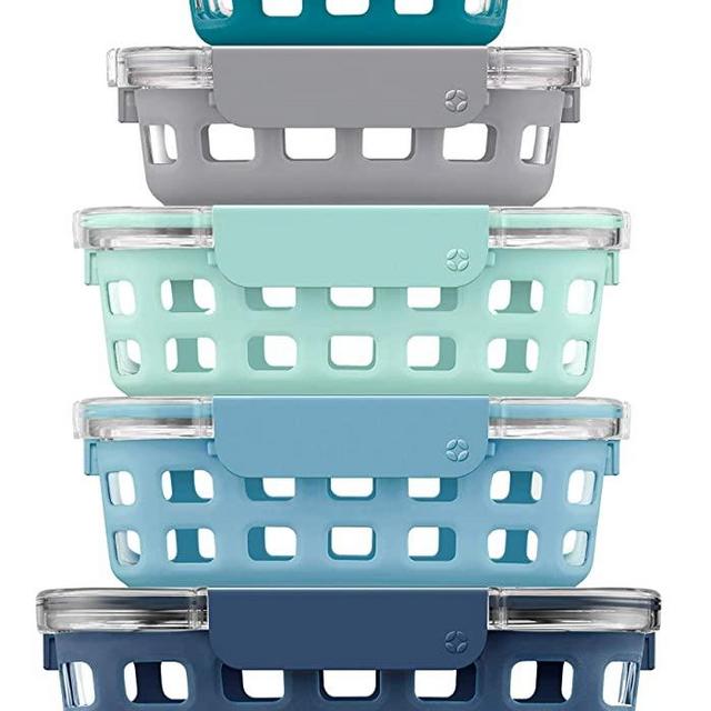 Ello Duraglass Glass Food Storage Containers with Silicone Sleeve and Airtight Lids, 10 Piece, 5 Pack (3.4 Cup), Blue La La