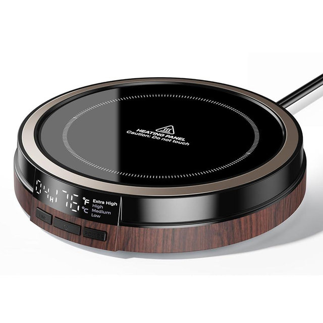 Coffee Mug Warmer for Desk, 50W Fast Heating Cup Warmer with Smart Display, 4 Temps & 12H Timer, Auto Shut Off for Tea, Milk, Hot Drinks - Wood Effect