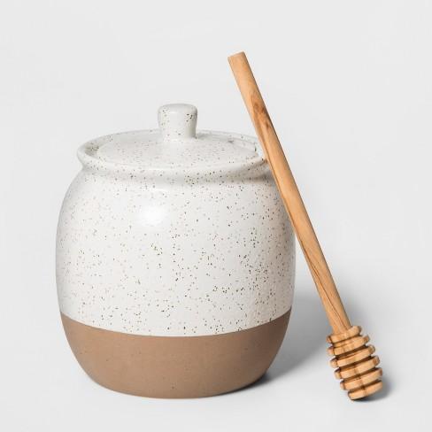 4.7" x 4.1" Stoneware Honey Pot With Wooden Dipper White - Smith & Hawken™