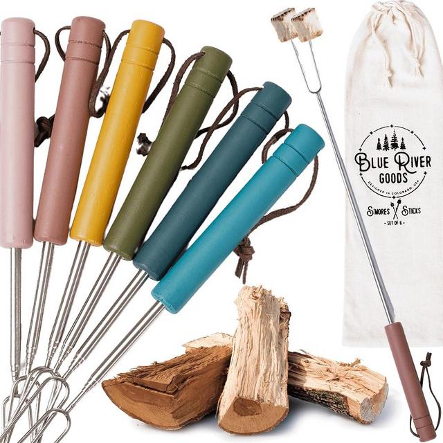 Smores Sticks | Set of 6 Marshmallow Roasting Sticks in Boho Colors | Extendable Stainless Steel w/Solid Wood Handles | Smore Sticks for Marshmallow Sticks for Fire Pit | Smore Sticks for Fire Pit