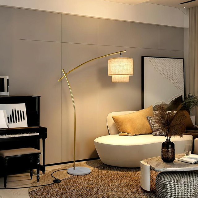 Lightdot Arc Floor Lamp for Living Room, Modern Standing Tall Lamps with Double Linen Shade, Tall Hanging Pole Lamp with Stable Base & Bulb Included for Bedroom/Sofa Beside/Corner Decor-Gold