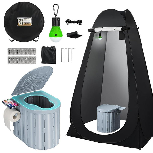 Thallike Portable Camping Toilet with Pop-Up Privacy Tent, 12-inch Toilet Seat, Outdoor Portable Folding Toilet Potty for Adults Load Capacity of 400 Lbs, LED-Light Camping Bathroom