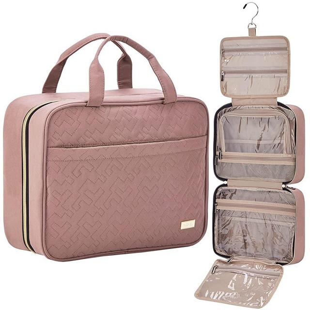NISHEL Large Hanging Travel Toiletry Bag, Portable Makeup Organizer, Cosmetic Holder for Brushes Set, Full-Sized Shampoo, Conditioner, Rosewood-Pink