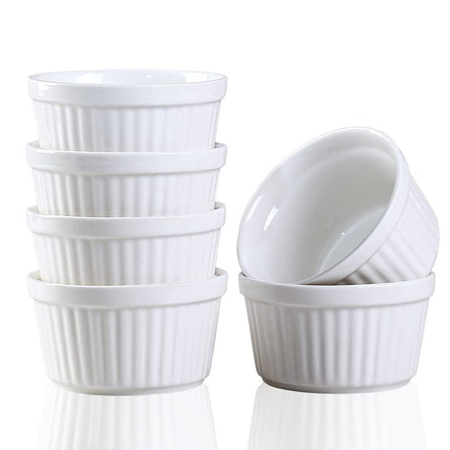 YAZYLIFE Ramekins 6oz Oven Safe,Creme Brulee Ramekins and Souffle Dishes,Porcelain Ramekin Baking Bowls,Dipping Sauce Dish.Pudding Cups,Set of 6, White