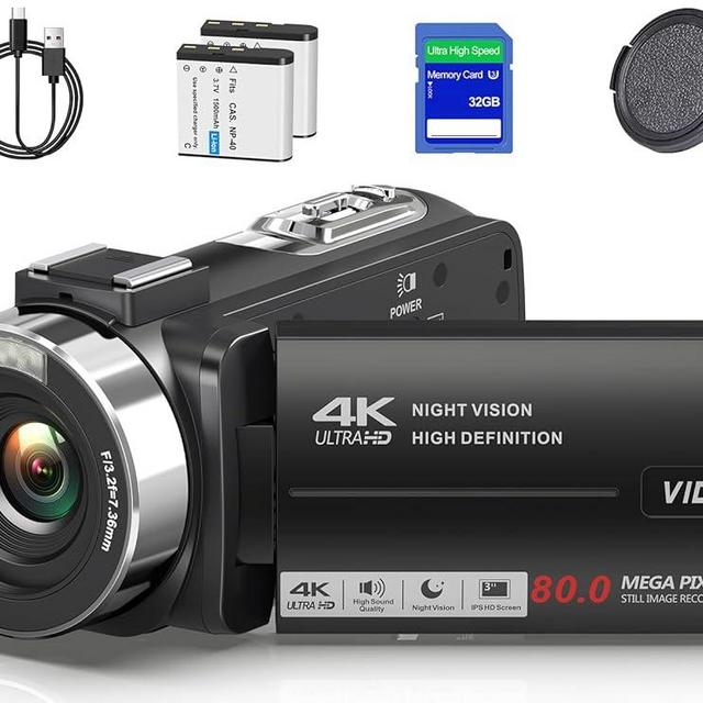 4K Video Camera Camcorder Ultra HD 80MP Vlogging Camera for YouTube 18X Digital Zoom 3.0" IPS 270° Screen IR Night Vision Camcorder Recorder with 32GB SD Card, Lens Cap and 2 Batteries