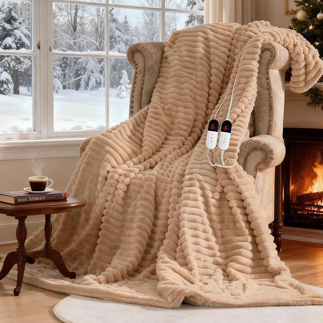 AEPINBH Electric Blanket, Soft Stripe Heated Blanket with 6 Heating Levels & 10 Hours Auto Shut Off with Fast Heating, Machine Washable, Khaki, 90 x 100 Inch