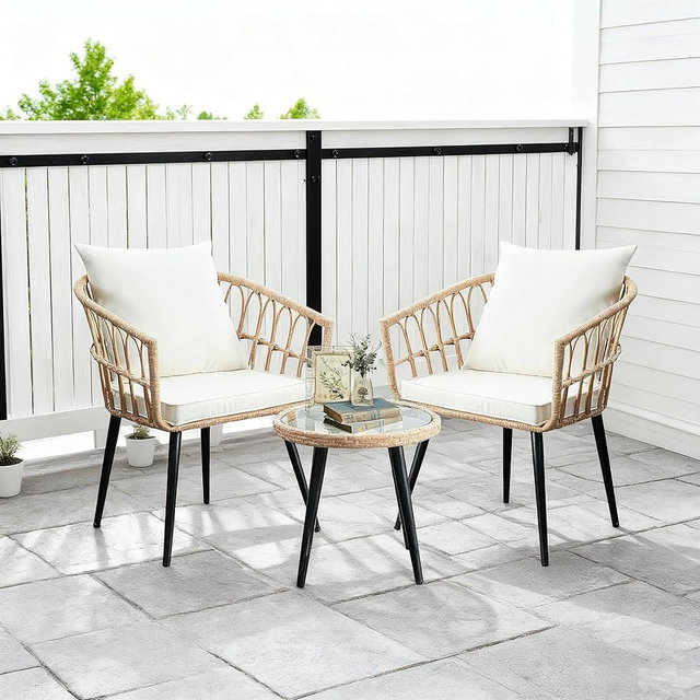 PORWEY 3 Piece Patio Bistro Set, Outdoor Wicker Furniture with Comfortable Cushions, Glass Top Table & 2 Rattan Chairs for Balcony, Apartment, Backyard, Porch, Deck, Beige