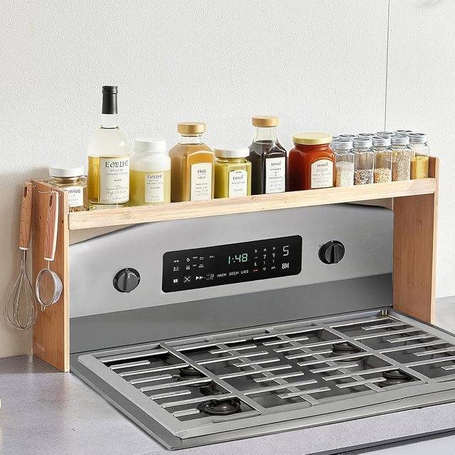 VEVOR Over the Stove Shelf, Over Stove Spice Shelf for Kitchen Stove Top, Seasoning Shelves, Spice Organizer, Easy to Assemble Countertop Storage Solution, Kitchen Gadgets with 6 Hooks