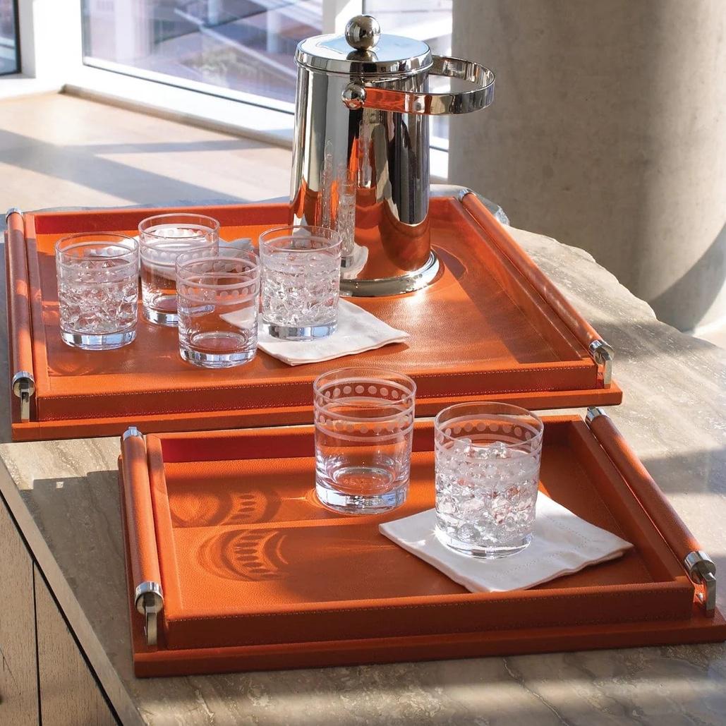 France & Son Wrapped Handle Tray - Coral Leather