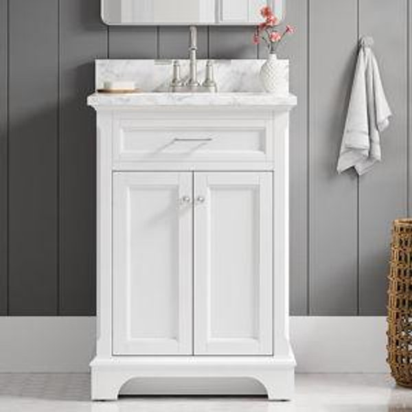 allen + roth Roveland 24-in White Undermount Single Sink Bathroom Vanity with Natural Carrara Natural Marble Top (Fully Assembled)
