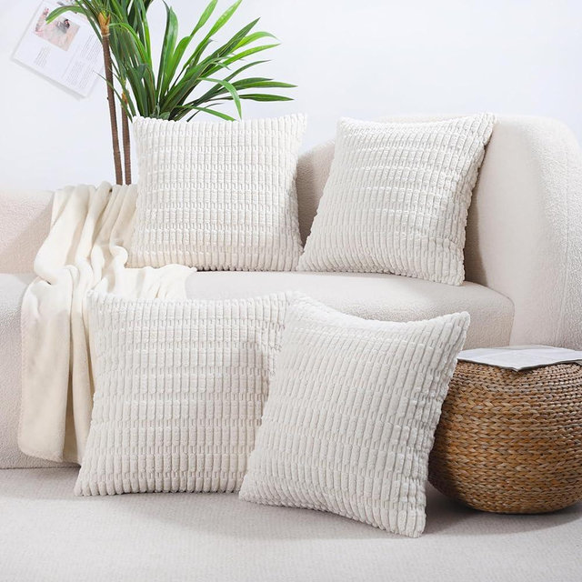 All Smiles Decorative Cream Throw Pillow Covers 18x18 Set of 4 Farmhouse Rustic Boho Home Decor Soft Plush Striped Corduroy Square Cushion Case for Living Room Couch Bed Sofa
