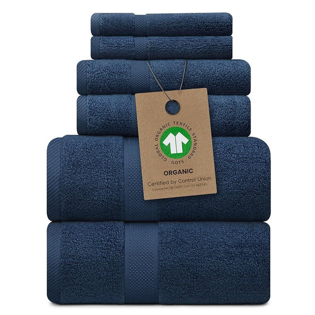 Alusa Home 100% Organic Zero-Twist Cotton Towels - GOTS Certified Luxury Bath Towels - Ultra Soft & Plush 700GSM Long-Staple Cotton - 6 Piece Towel Set (Navy Blue)