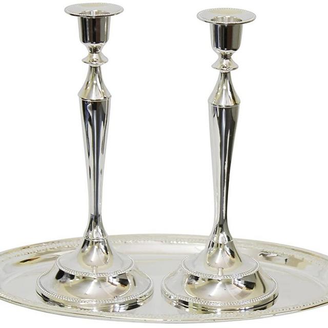 Judaica Place Candlesticks Sleek Silver Plated with Oval Tray