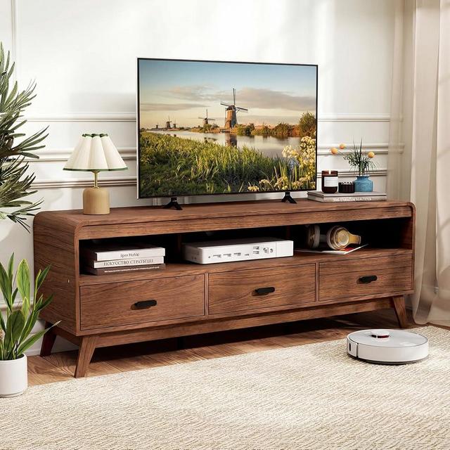 Giantex TV Stand for 60-70 Inch TV, Mid-Century Modern Entertainment Center with 3 Storage Drawers, Open Shelves & Cable Holes, Wooden Media TV Console Table for Living Room, Bedroom