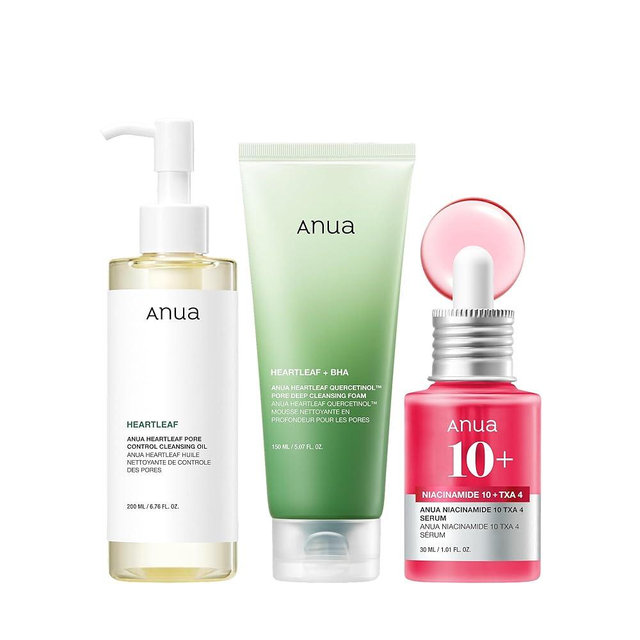Anua 3-Step Glass Skin Beginner Set, Double Cleansing with Facial Serum, Oil Cleanser & Face Wash with Heartleaf, Daily Routine with Niacinamide, Korean Skincare Set