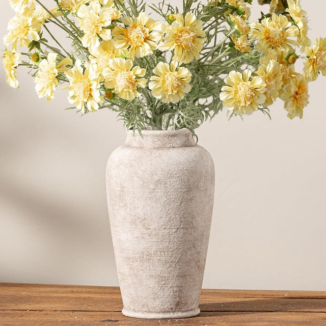 Ceramic Large Flower Vase, 11 Inch Tall White Rustic Vase Farmhouse Decorative Vase Floral Pottery Vases for Home Decor Table Living Room Entryway Mantel Bedroom Bathroom Kitchen - Rustic White
