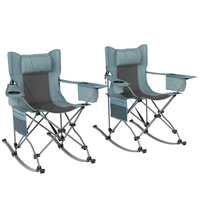 Outsunny Folding Camping Chairs, Portable Outdoor Rocking Chairs with Headrest, Cooler Bag, Cup Holder, Carry Bag, 2 Pack, Gray