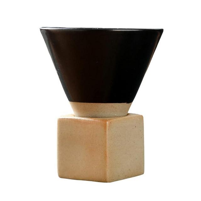 TITA-DONG Coarse Pottery Coffee Mug with Base, 200ml Creative Triangular Cone Shape Porcelain Mug, Personalized Small Water Espresso Cups for Home Office Coffee Tea Latte Milkshake Yogurt(Black)