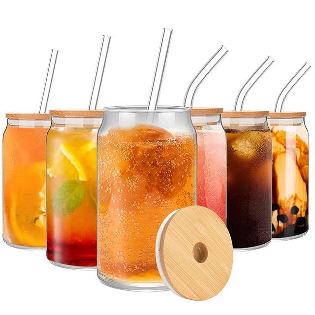 Zenbo 6pcs Set Glass Cups with Bamboo Lids and Glass Straw - Beer Can Shaped Drinking Glasses, 16 oz Iced Coffee Glasses, Cute Tumbler Cup,Ideal for Whiskey, Soda, Tea, Water, Gift