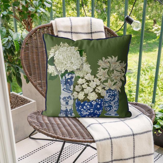 Chinoiserie pillow cover Floral toss pillow Designer pillow Green sofa cushion Chinese decor Asian couch pillow Euro sham Vase trio 3