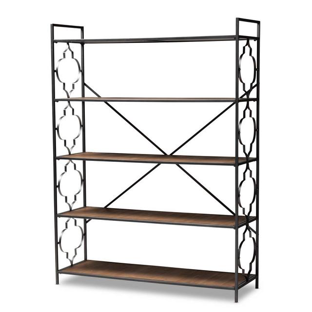 65" 5 Shelf Mirna Iron & Natural Oak Wood Quatrefoil Accent Bookshelf Brown/Black - Baxton Studio