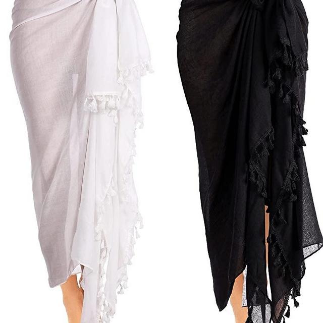 2 Pieces Women Beach Batik Long Sarong Swimsuit Cover up Wrap Pareo with Tassel for Women Girls