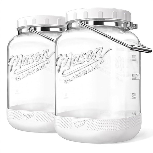 [NEW] 2 Pack 1.5 Gallon Glass Jar With Airtight Lid, Large Mason Jars Wide Mouth with Scale Marks, Big Glass Storage Containers with Heavy-duty Handles & Non-slip Bases - for Flour, Pickling (192Oz）