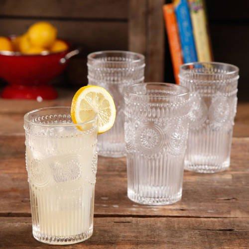 The Pioneer Woman Adeline 16-Ounce Embossed Glass Tumblers, Set of 4, Clear