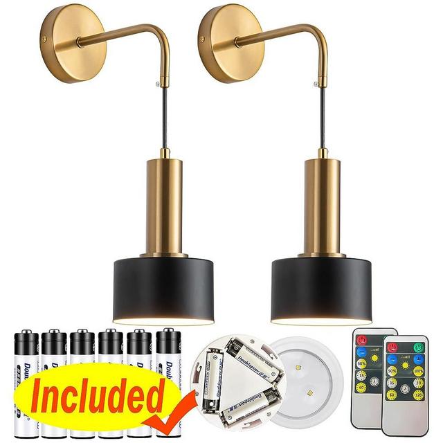 Wall Scones Sets of 2 Battery Operated Wall Lights Wireless Remote Control Mid Century Modern Decor Gold Sconces Wall Lighting Indoor Wall Lamps for Living Room Bathroom Black Vanity Light Fixture